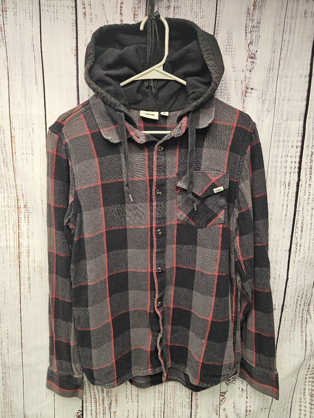 Vans Red Gray Black Buffalo Plaid Flannel Hooded Long Sleeve Shirt Men's Size S